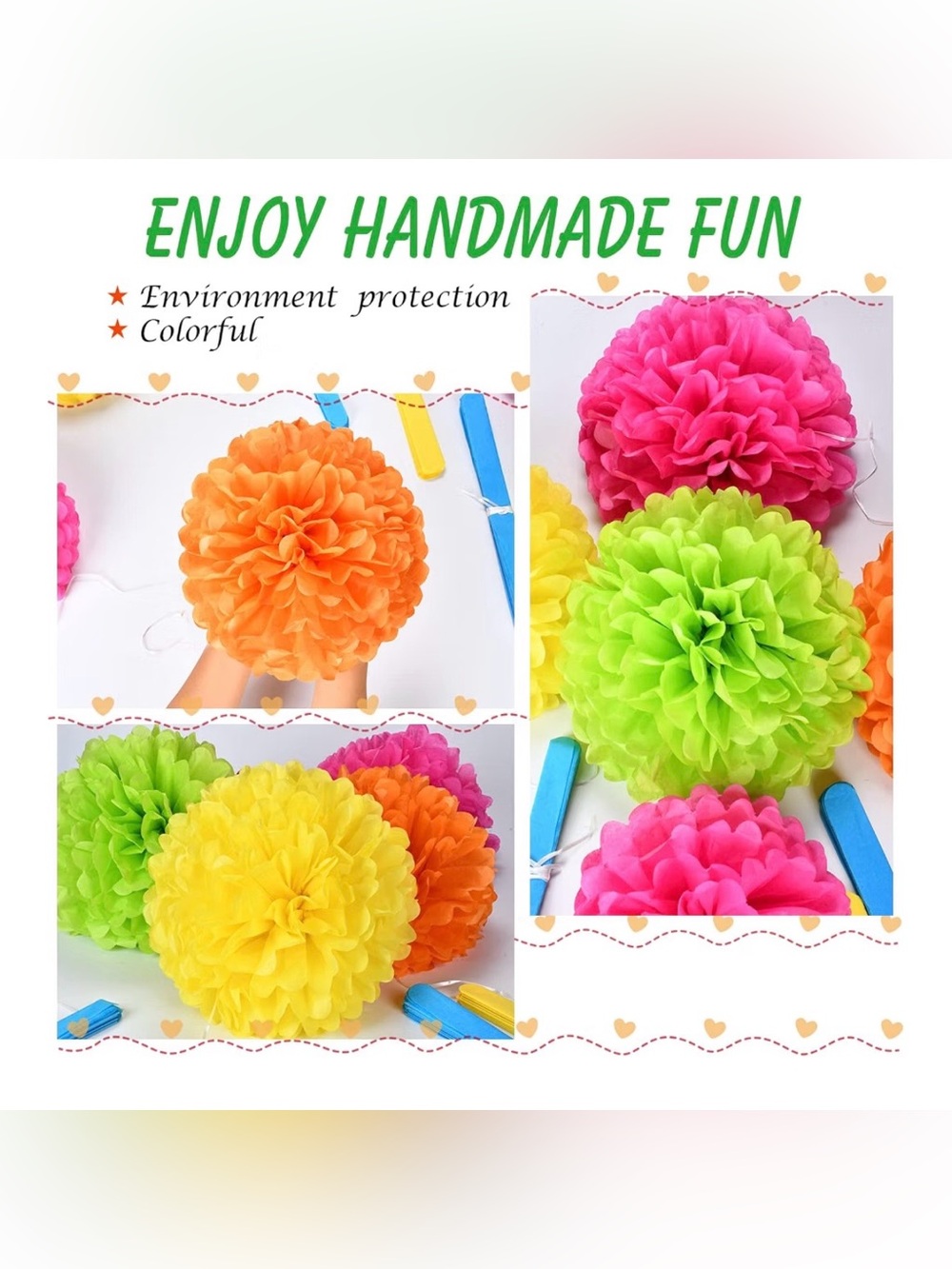 Colorful Paper Pom Poms Party Decorations - Pink, Orange, Yellow, Green